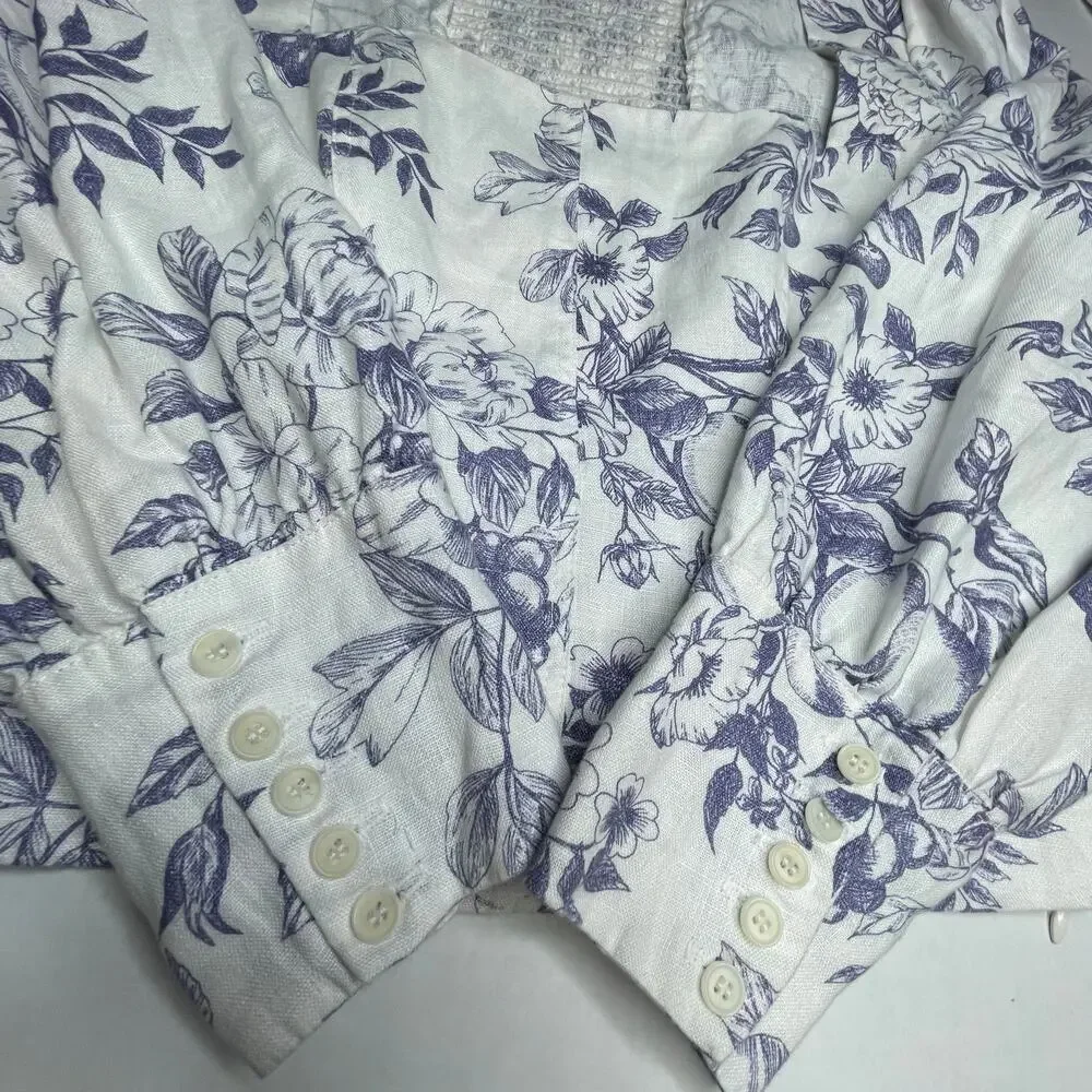 Reformation Stilton Linen Top Blue Toile Floral Long Sleeve Square Neck Size 2
